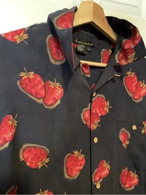 Vintage Tulliano Mens Sz L Leather Silk Shirt Strawberries